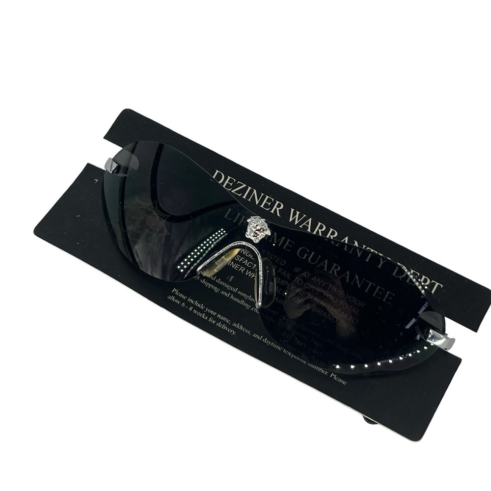 NOS Deziner Rimless Shield Sunglasses Black Silver Y2K Wrap Cybercore Indie - Picture 2 of 7